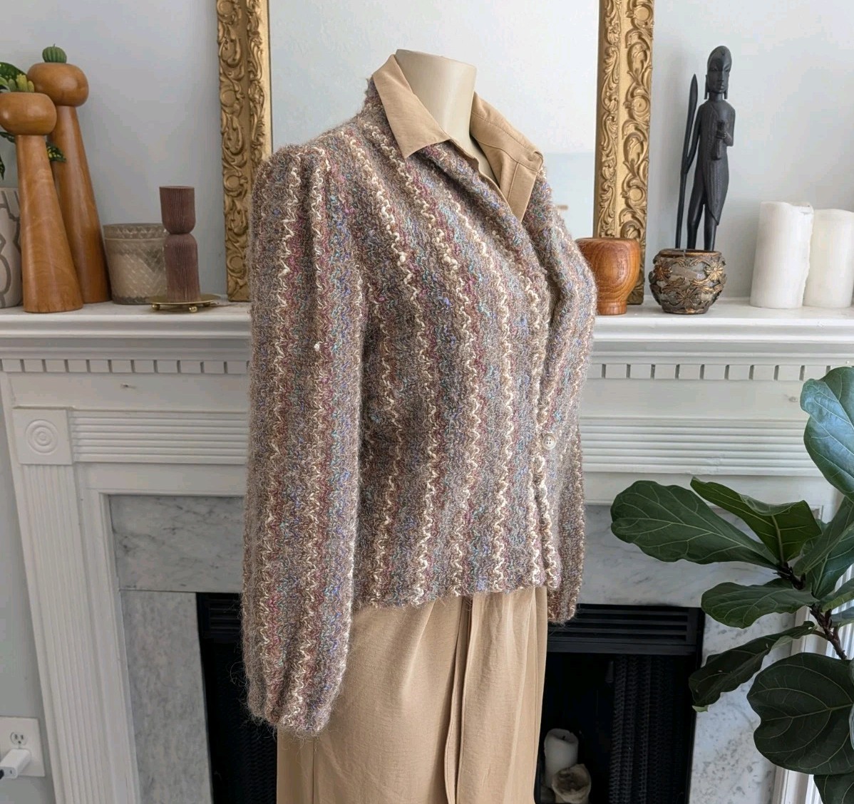 Vintage 80s Donnkenny Textured Bouclé Blazer Sz 14 Tan Striped Jacket Lambswool