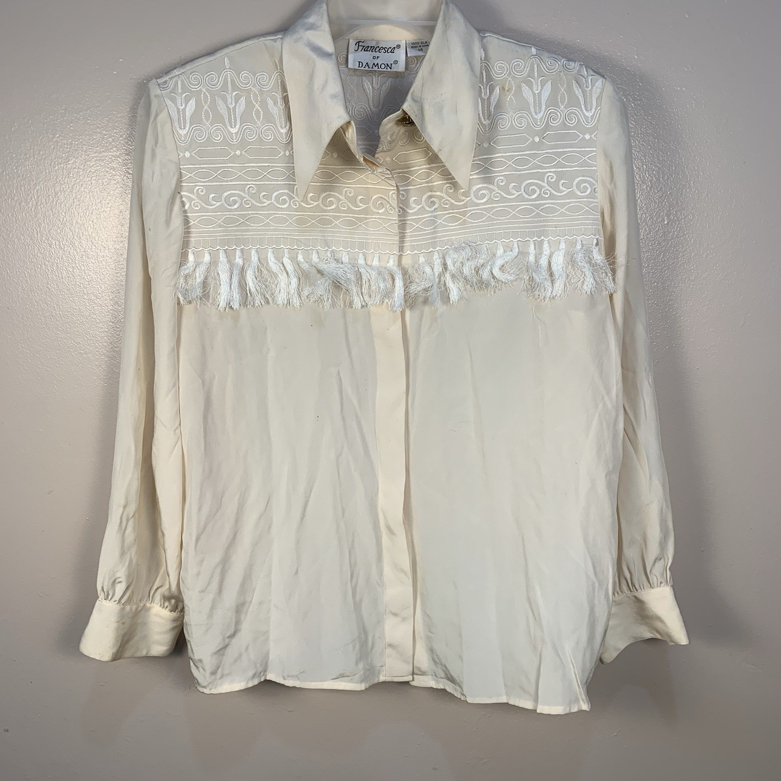 VTG Francesca of Damon 100% Silk Embroidered Tassel Country Western Blouse 14