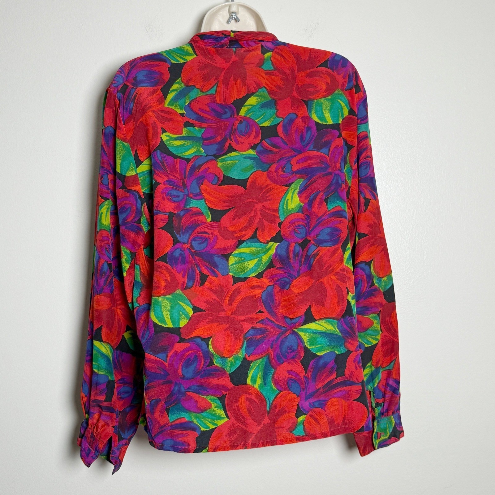 SK & Company VTG 100% Silk Floral Blouse 8 Red Purple Green 90s Office Feminine