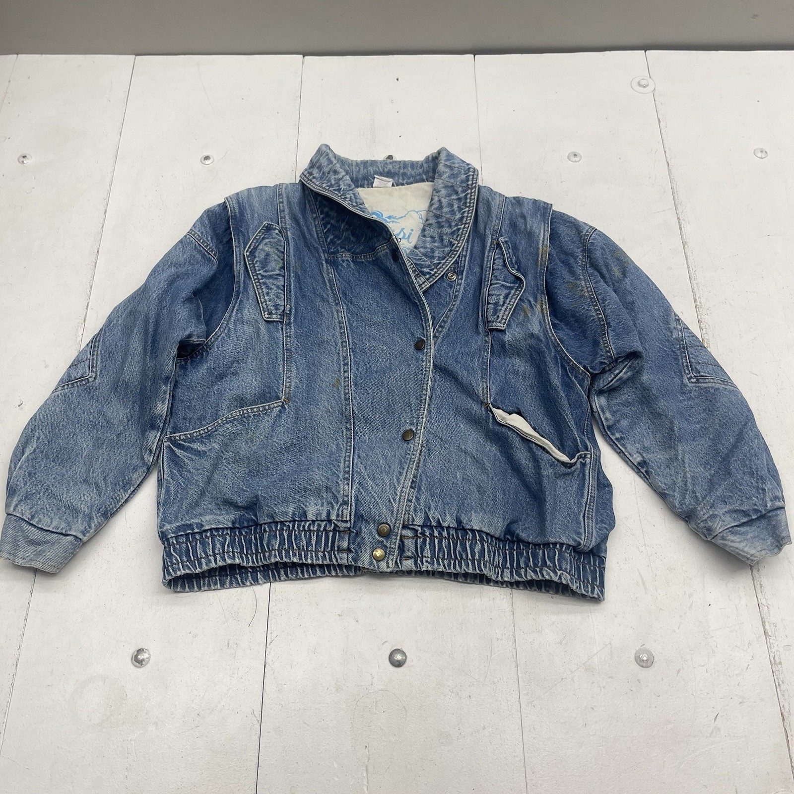 Vintage Le Arsi Blue Denim Bomber Trucker Jacket Women’s Size Large 13/15