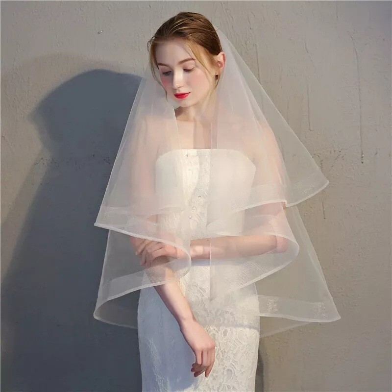 For Artistic Photo and Wedding Double Ribbon Edge Cascade Wedding Veil with Comb