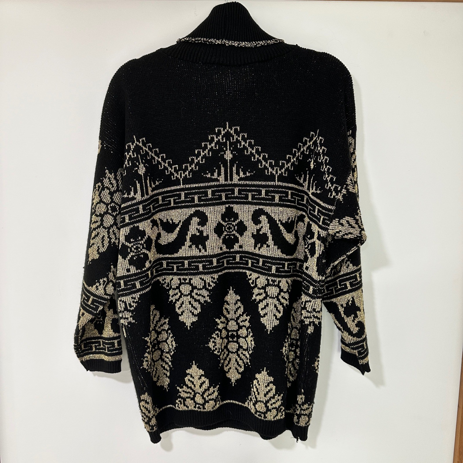 Rose Vintage Sweater Turtleneck Womens XL Black Gold Lurex Knit Intarsia USA 80s