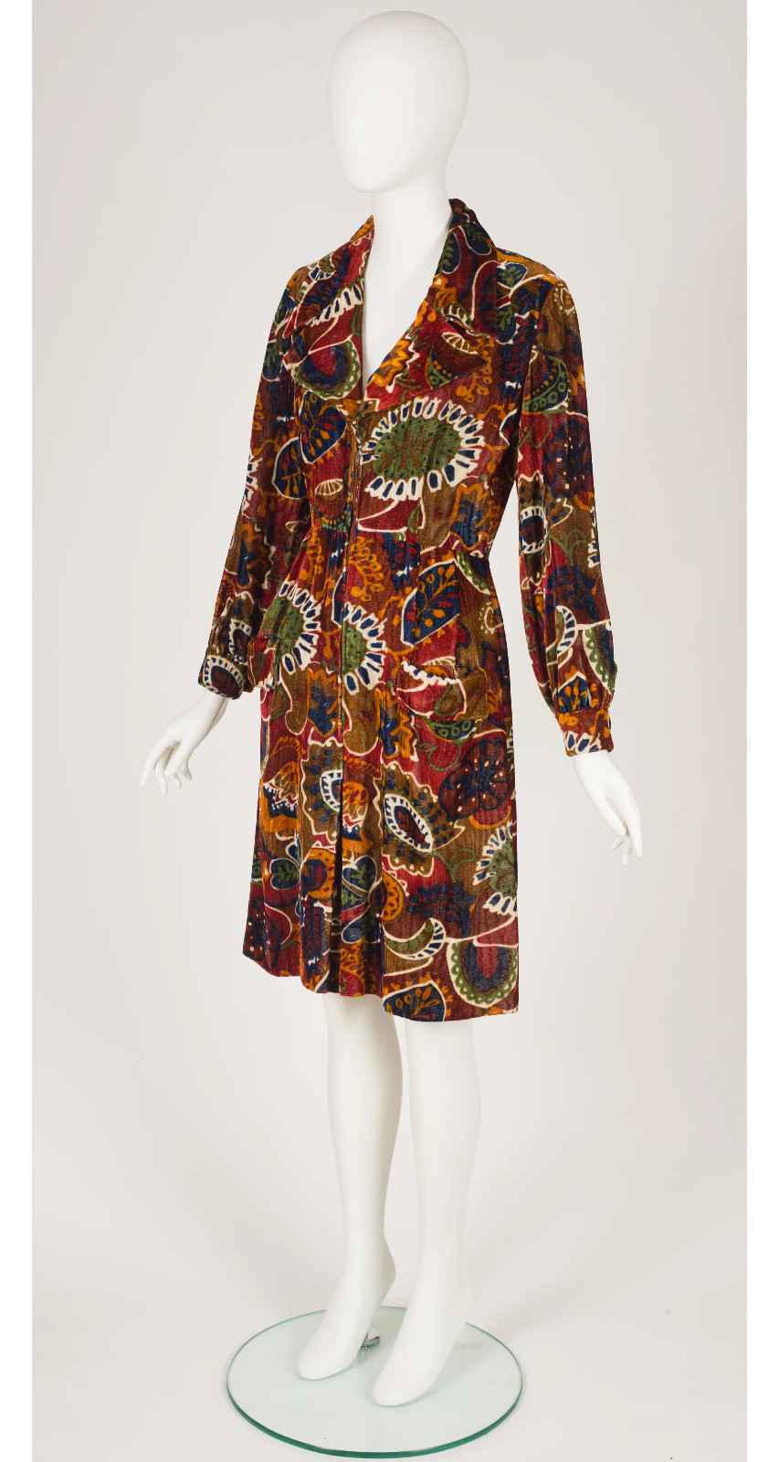 Bill Blass Maurice Rentner 1960s Vintage Printed Velvet Pointed Collar Dress XS