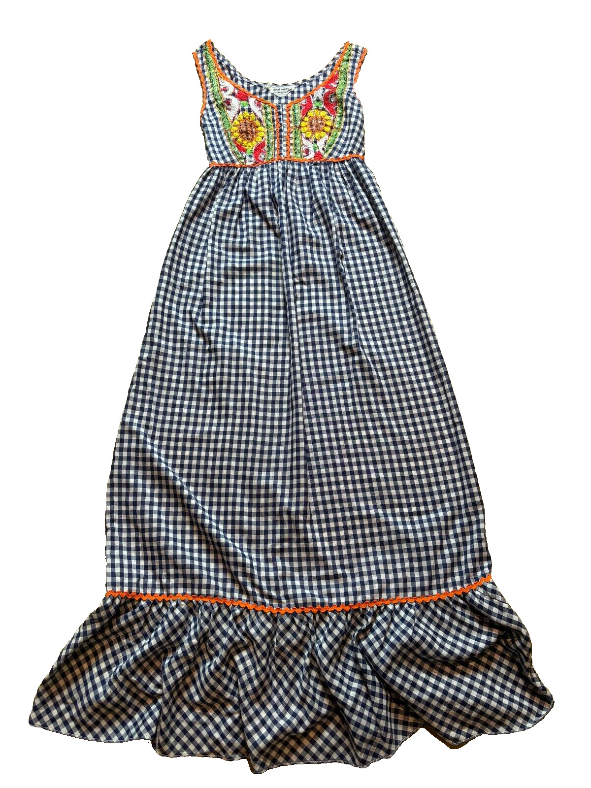 Vintage 70s Joseph Magnin Embroidered Gingham Maxi Dress Boho Hippy Sunflower XS