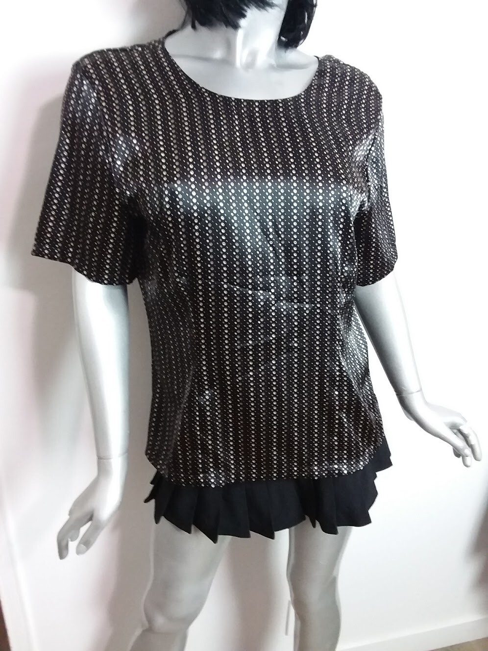 Christie & Jill Size 10 Blouse Black/Tan Polka Dots Short Sleeve Disco Vintage