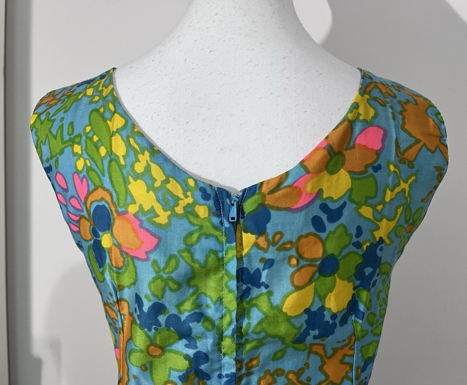 Vintage 70s Sears Floral Shift Dress Blue Mod Psychedelic Hippie Mini Women’s S