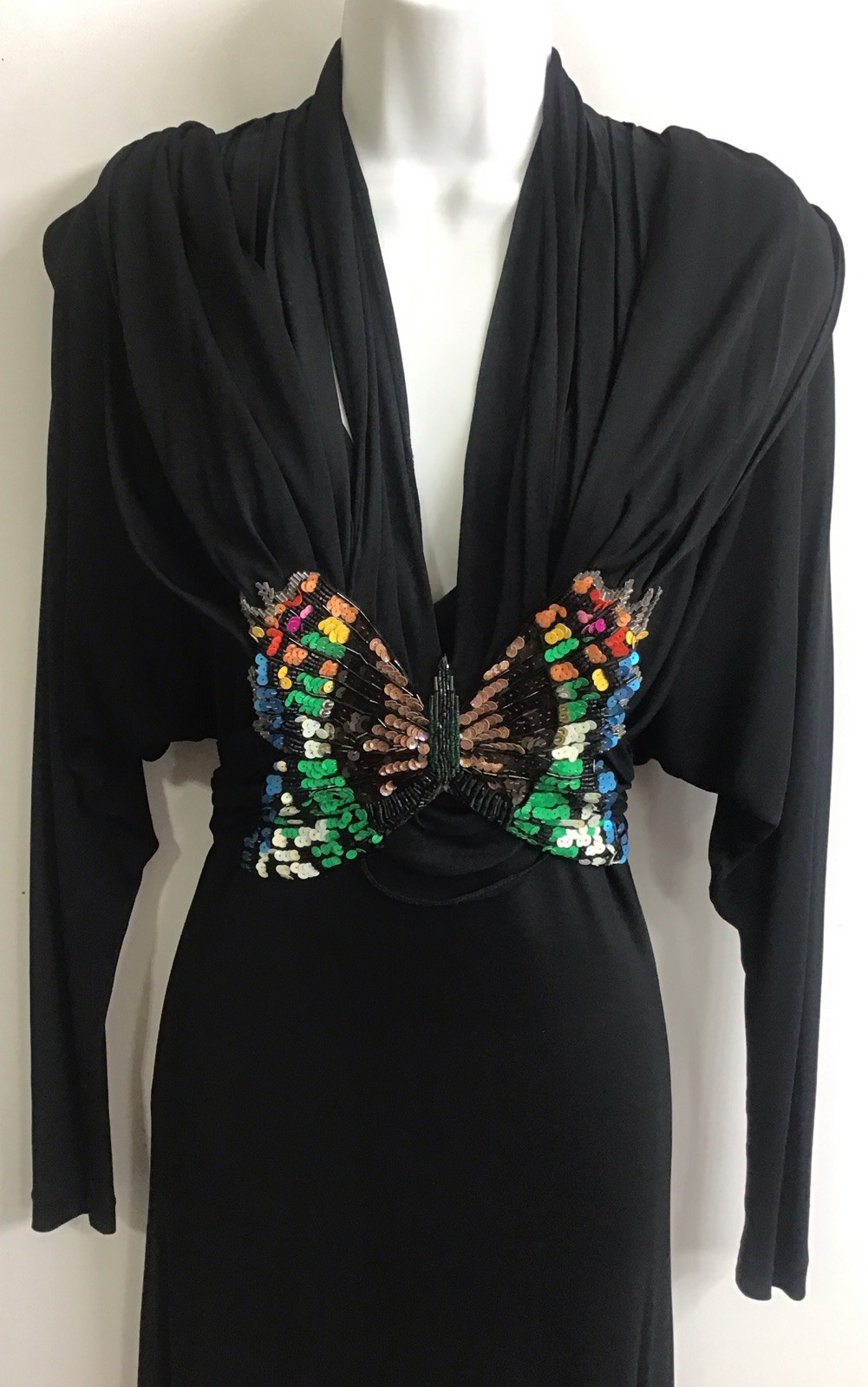 Hollys Harp Vintage Long Black Jersey Dress Drape Neck Sequin Butterfly Belt P