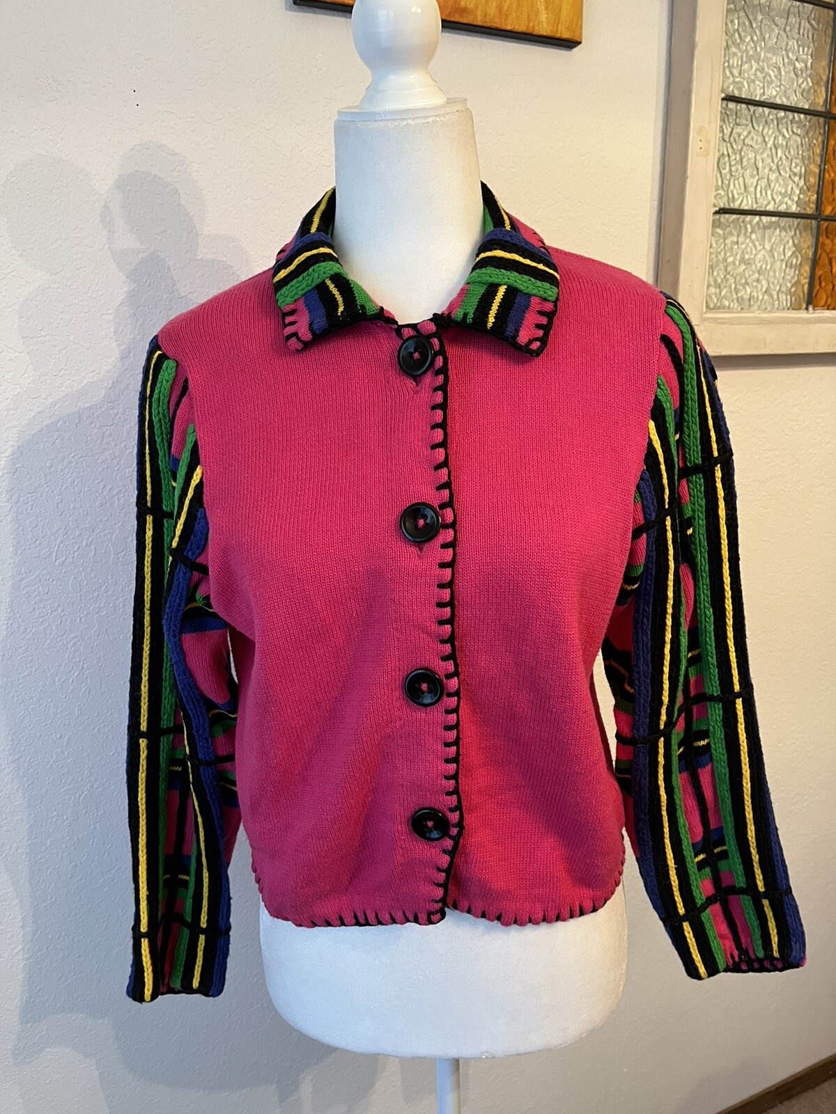 Vtg 90’s Michael Simon Hot Pink Multi Button Up Cardigan Wm Med Petite Collared
