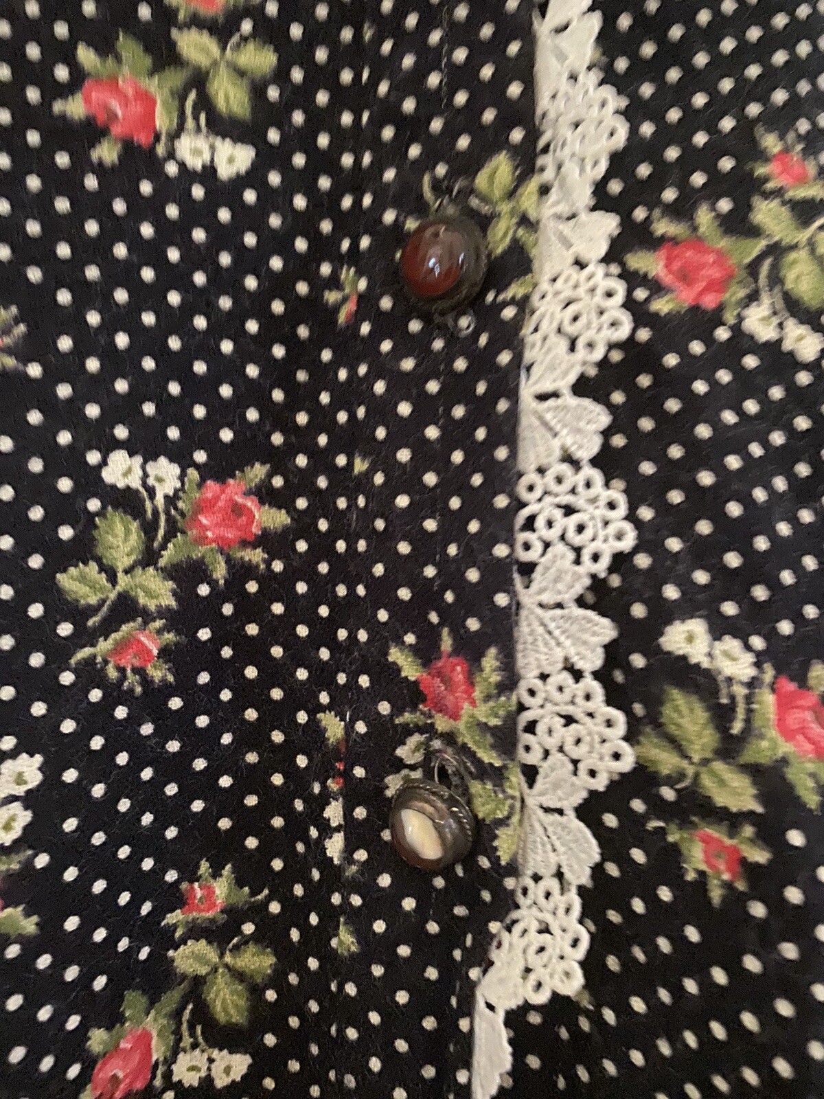 Vtg 70’s Liberty of London Black Polka Dot Rose Blouse W/ Agate Buttons