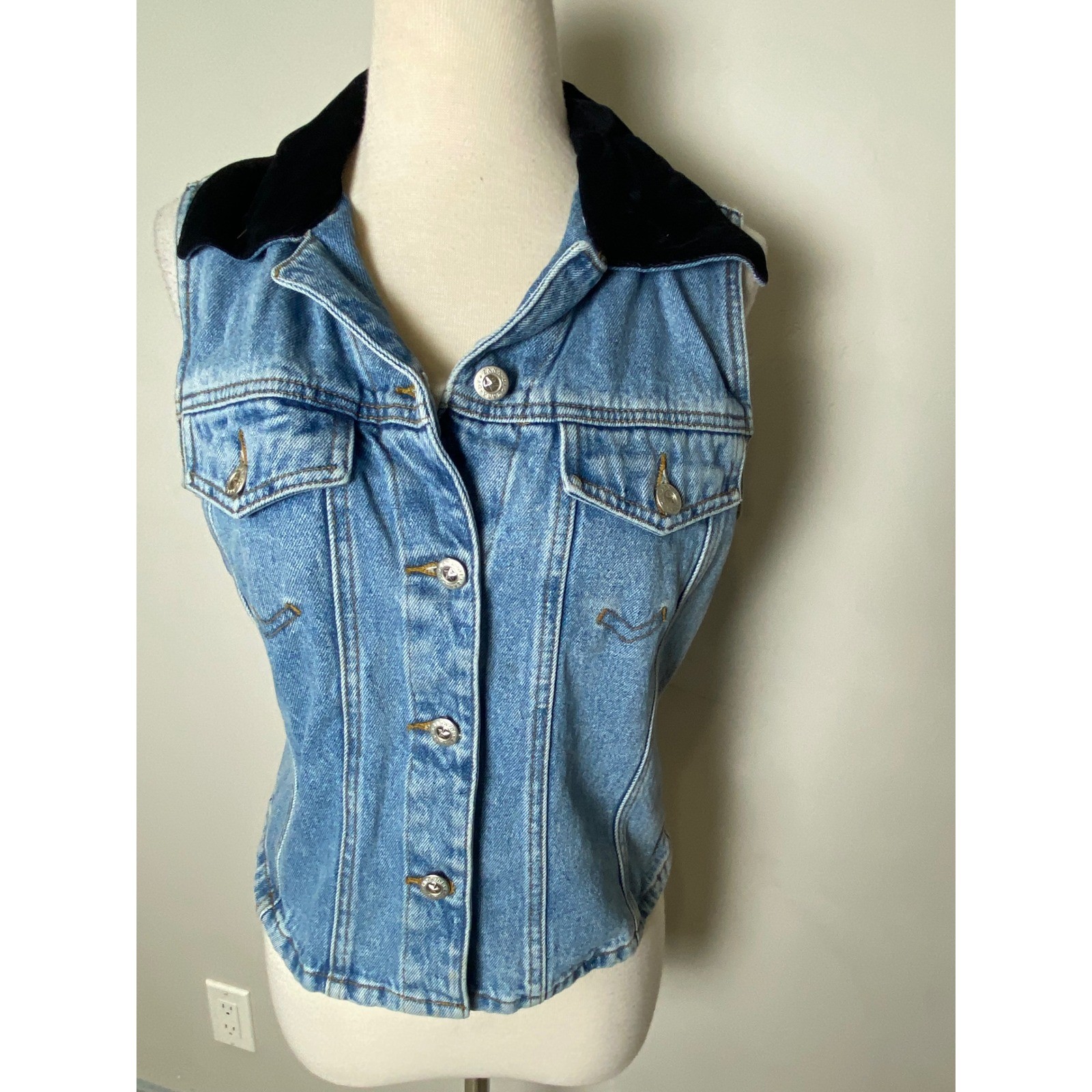 Vintage 90s Y2K Denim Vest Black Velvet Collar Lace Up Back Blue Trucker Medium