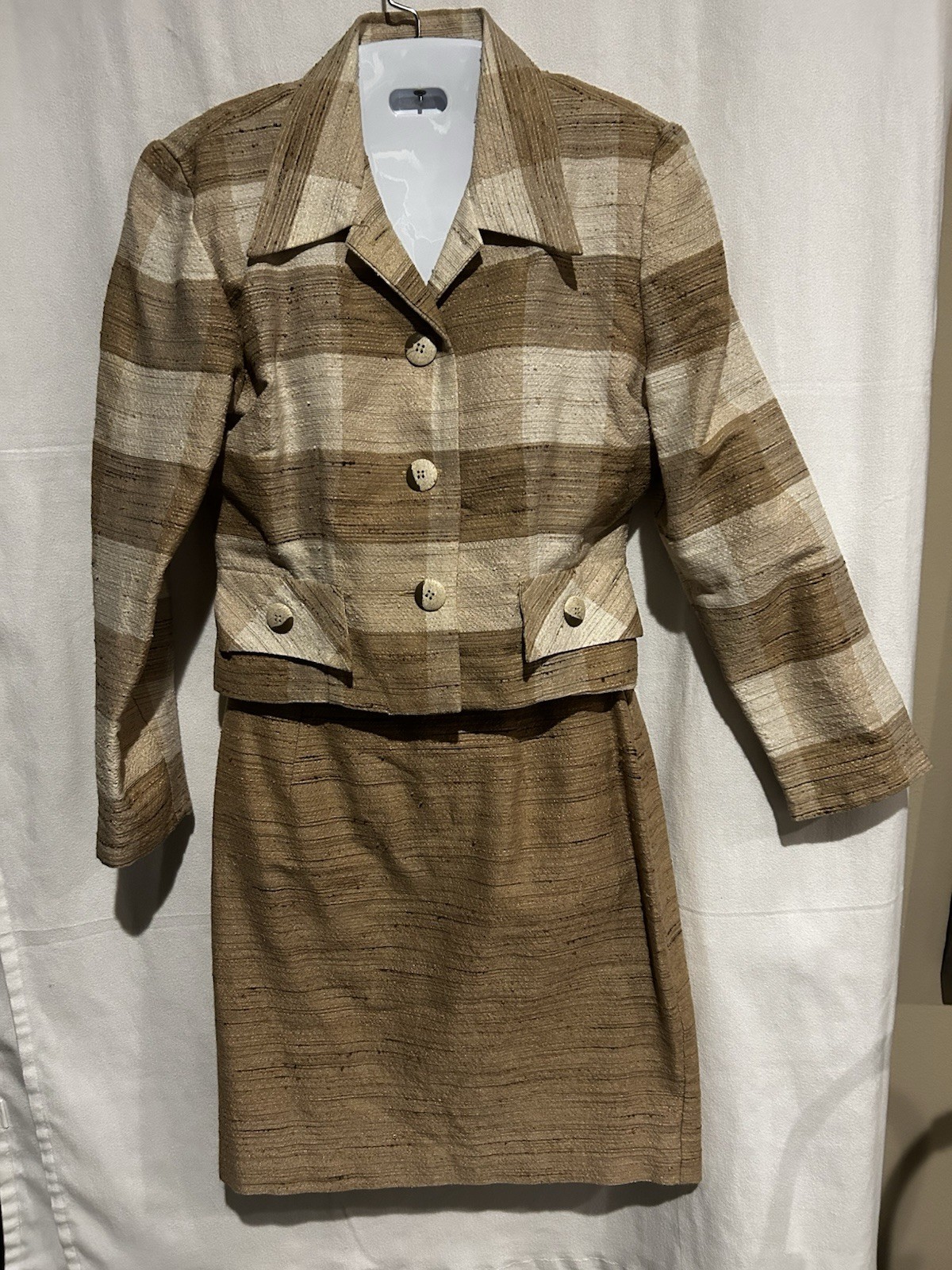 Vintage Lew Magram 2 Piece Skirt Suit Size 10 Brown/Cream Plaid USA Jacket/Skirt