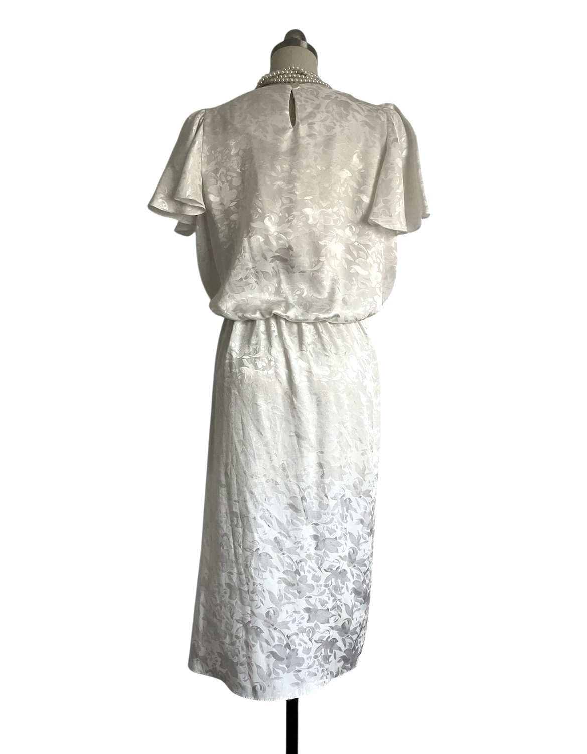 Vtg 80s Bruce Wayne USA Off White Print Ruched Dynasty Day Dress Party Wedding S