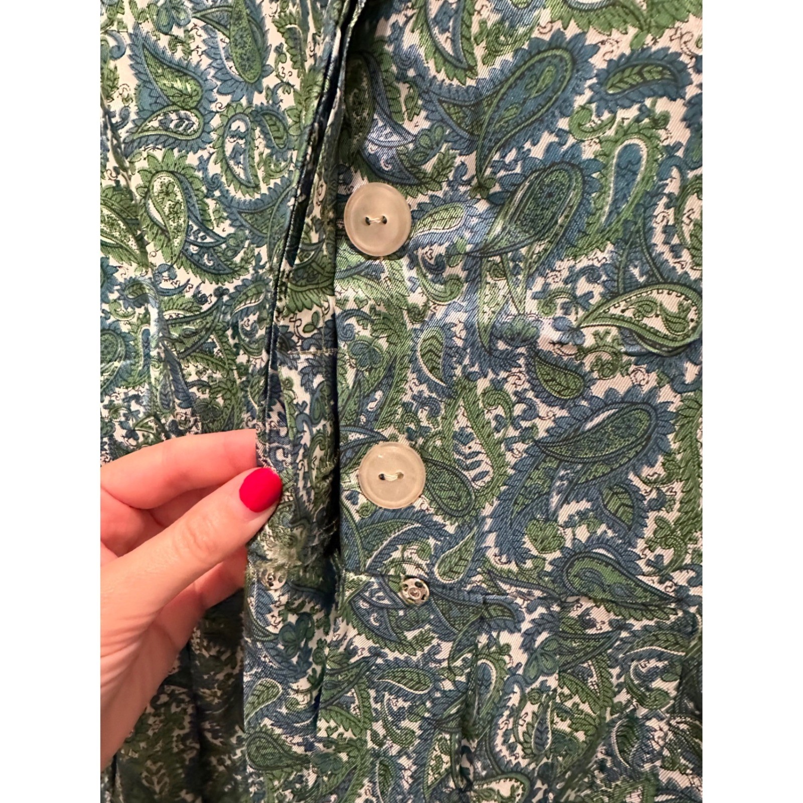 Vintage Handmade Green Paisley Shirt Dress Short Sleeve Pleated A-Line Midi