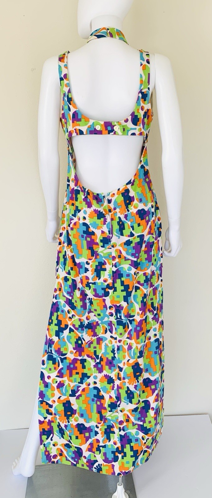 Vintage 1960s Retro MOD Geometric Print Cut Out Back Maxi Dress M/L