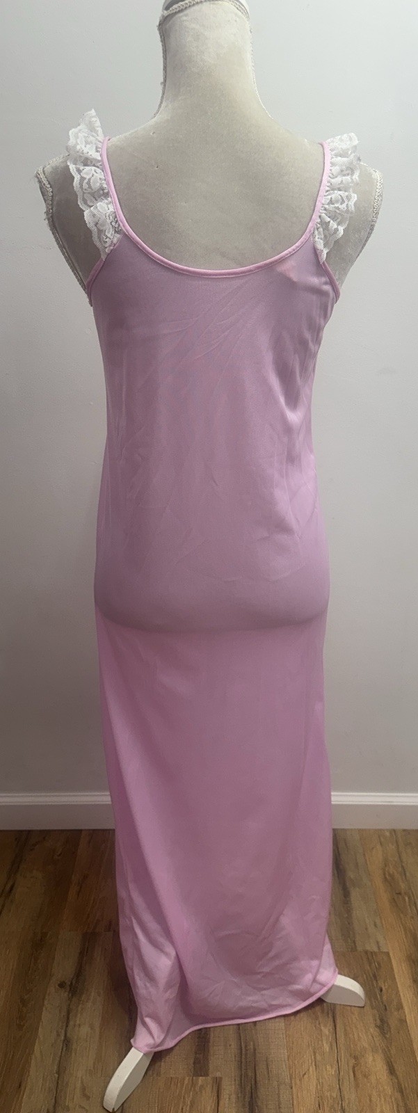 Vintage Spotlight Long Pink Lace Ruffle Nightgown Size Small Silky Nylon