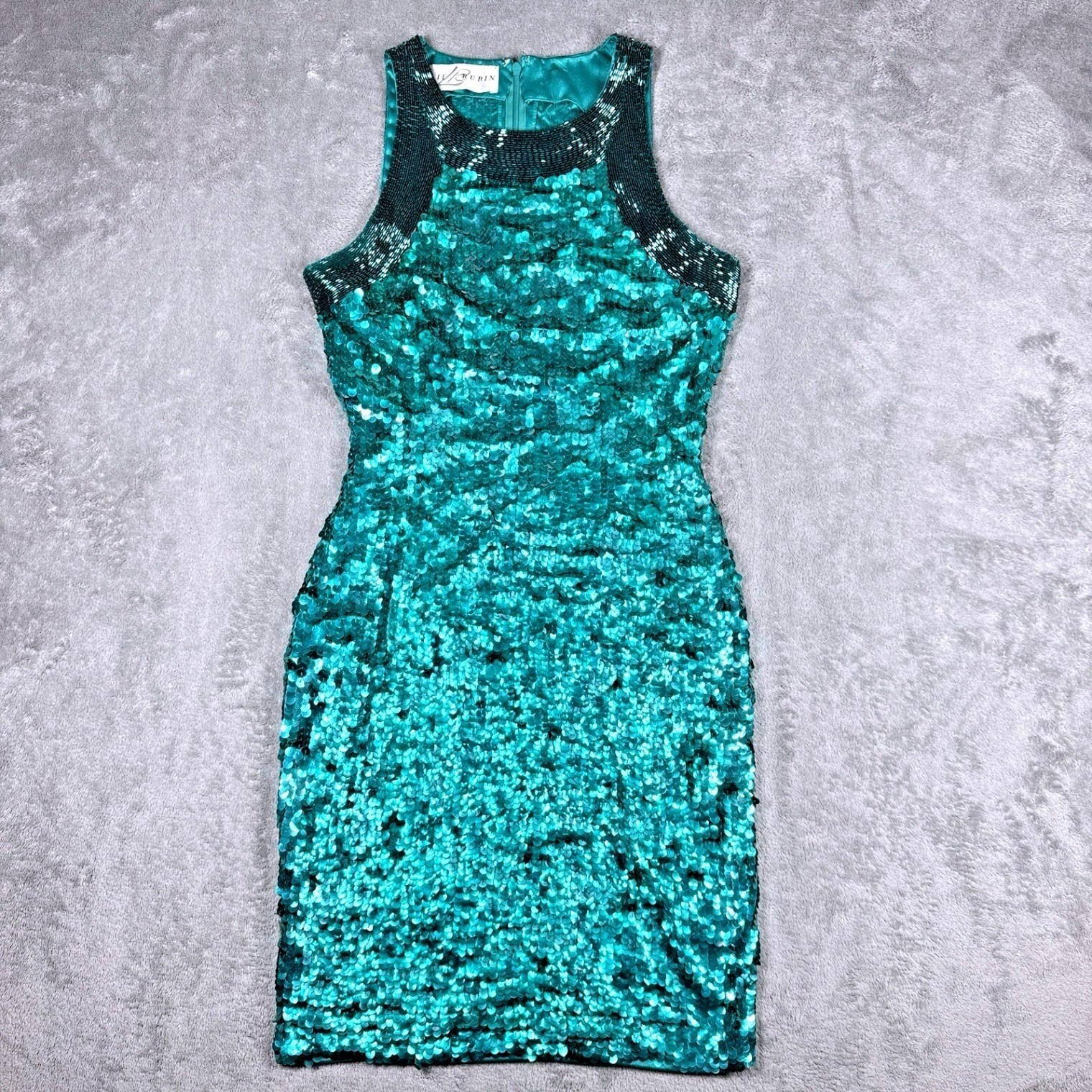 Vintage Lillie Rubin Teal Sequin Beaded Sleeveless Cocktail Dress Womens XS/S