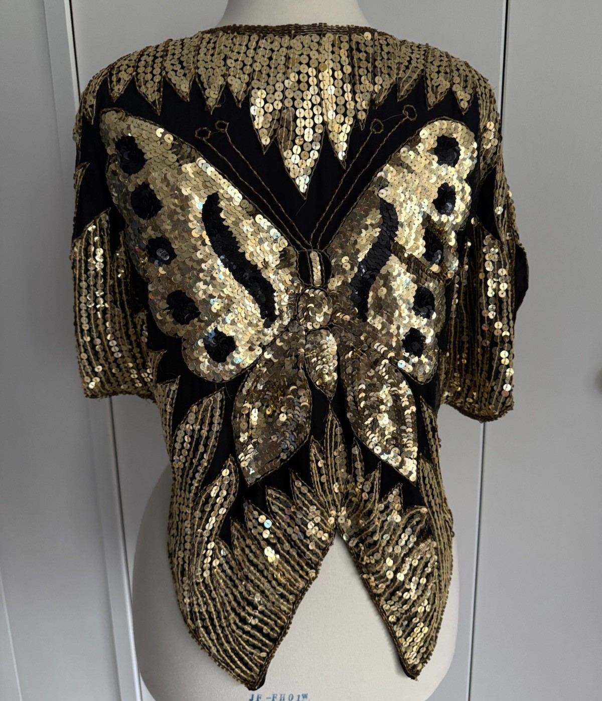 Vintage Black and Gold Disco Butterfly Top Beads and Sequins on Silk