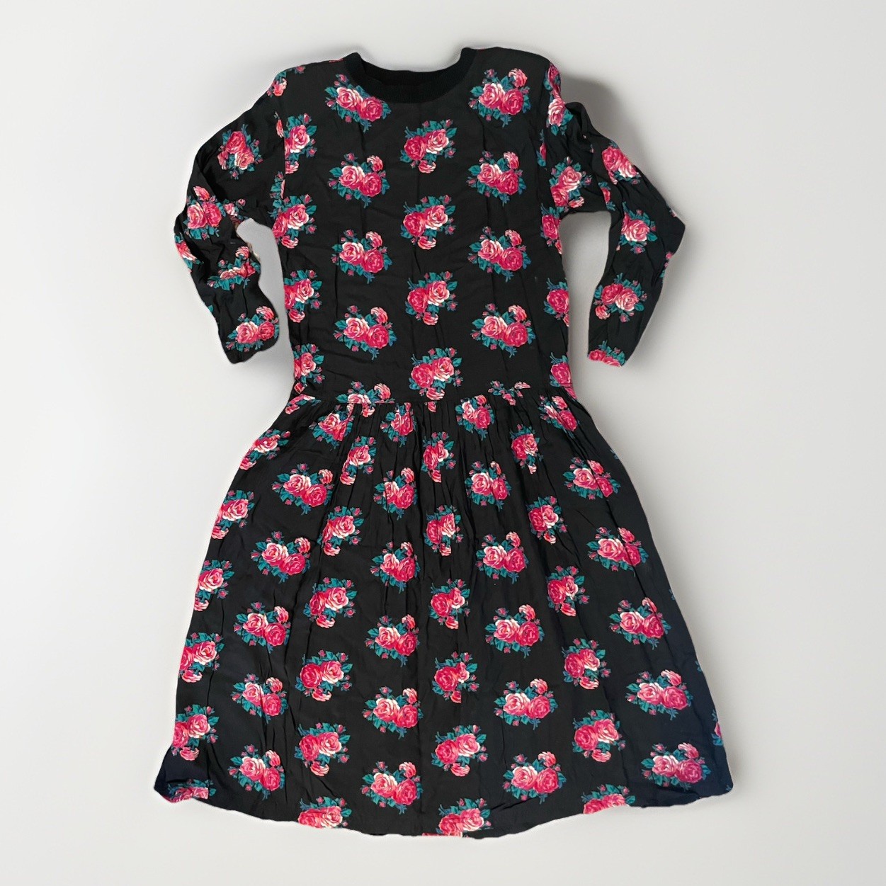 Vintage 80s Peppers Black Pink Rose Print Midi Dress M Rayon Drop Waist LS