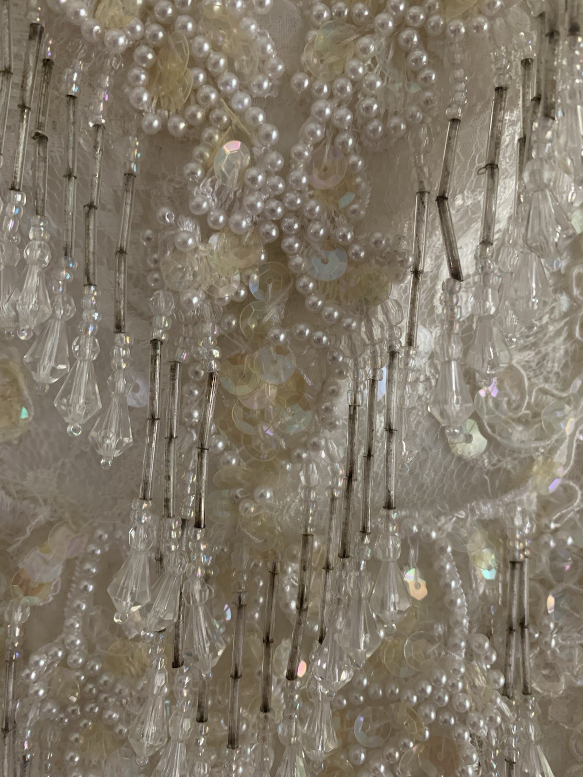 Vintage 80’s-90’s Sequin Beaded Ivory Formal Dress Gown Bow Sleeves Wedding Prom