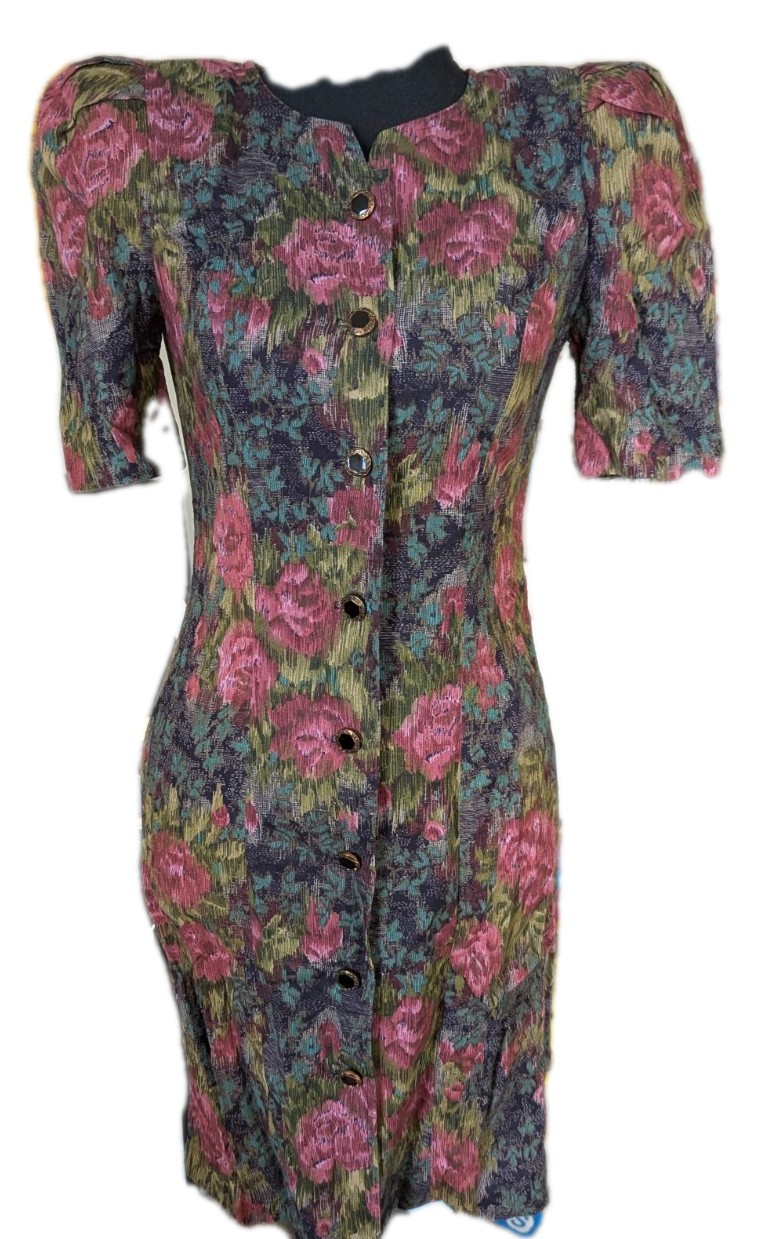 Vintage 80s Floral Button Down Dress W/ Puff Sleeves And Bow On Back Size 2