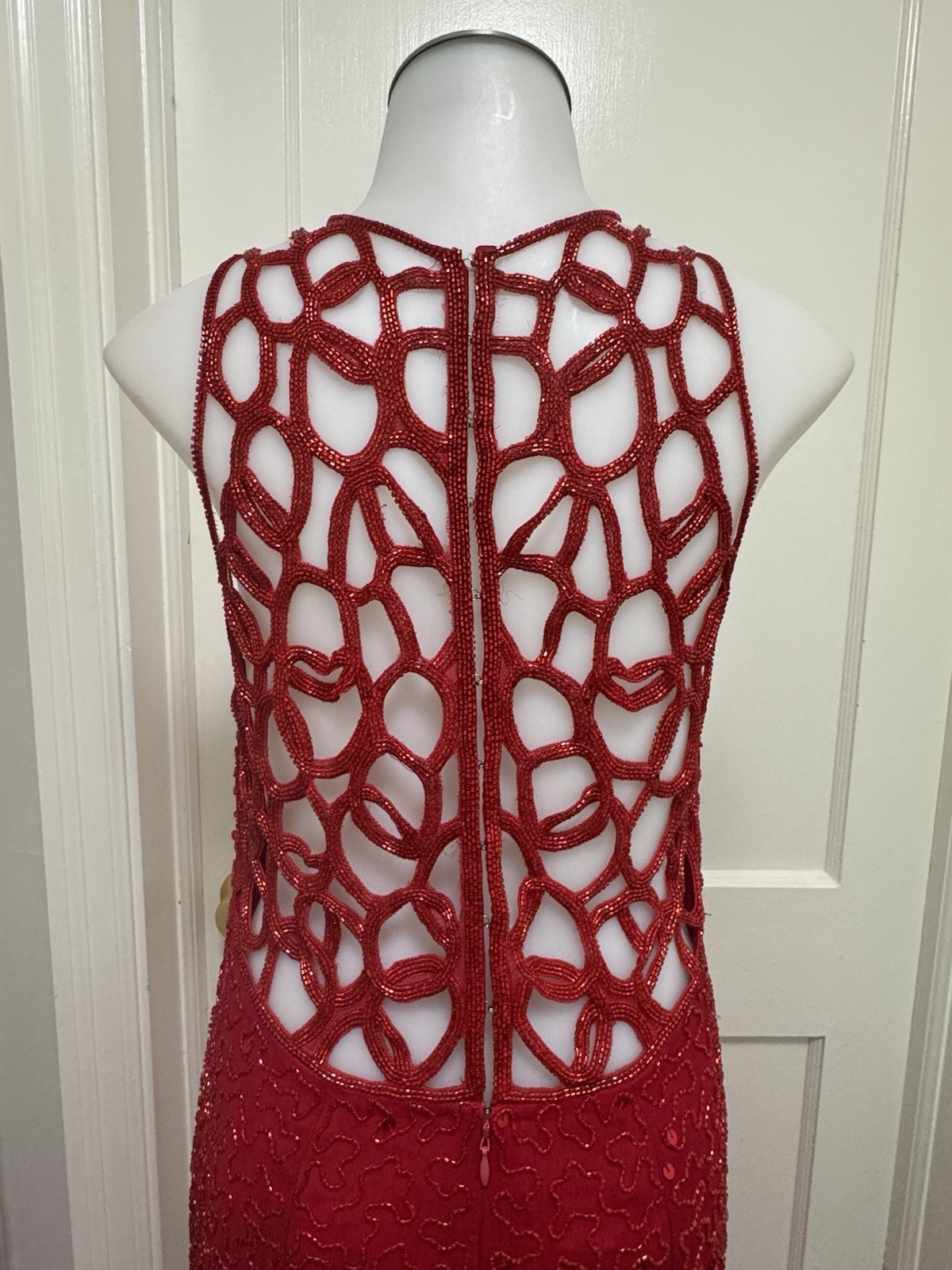 Sean Collection Vintage 90s Red Sequin Silk Gown Beaded Cage Back Formal L
