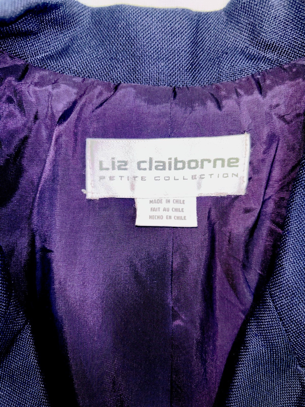 VTG Liz Claiborne Women Size 12P Double Breasted Gold Button Rayon Blazer Navy