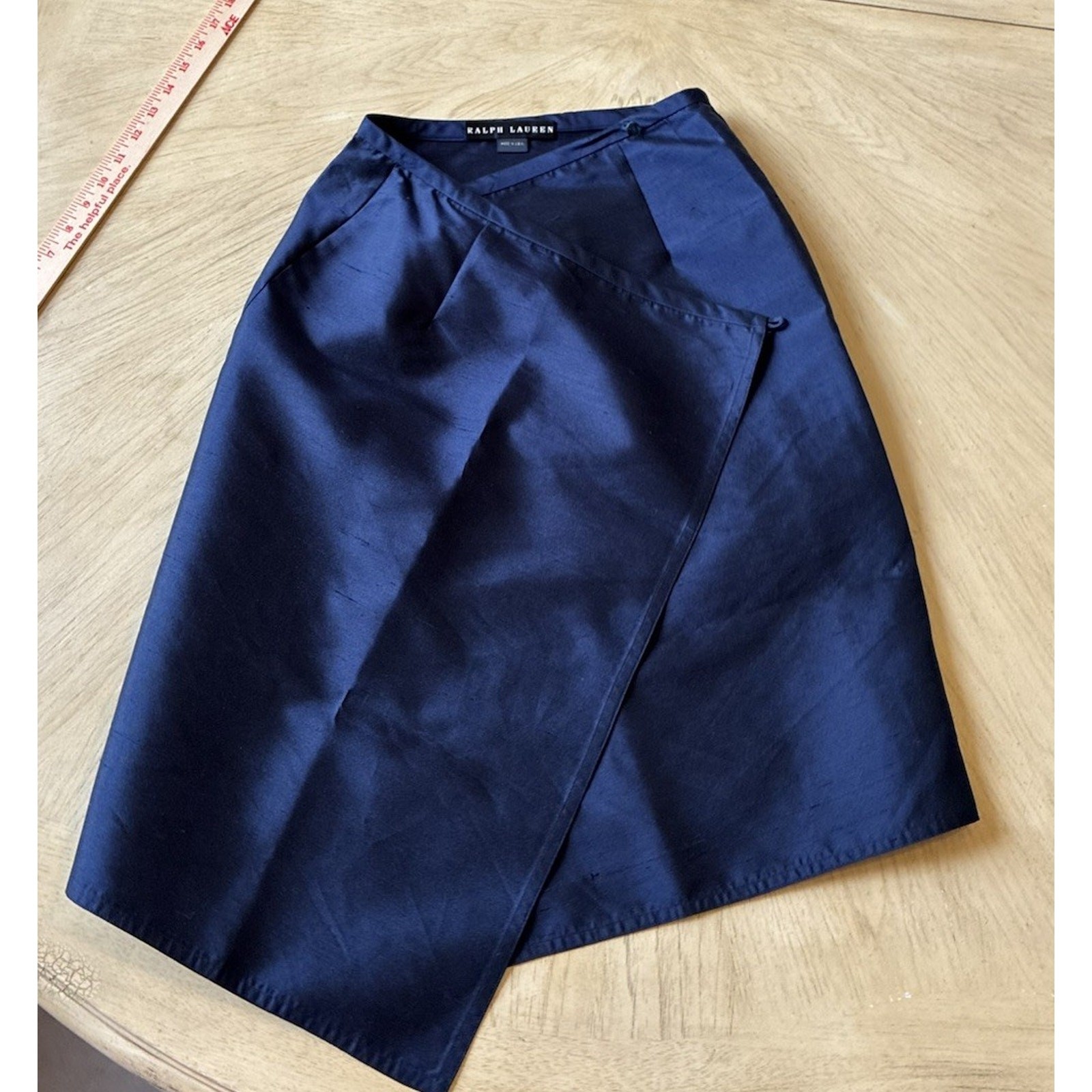 Vtg 90s Ralph Lauren Navy 100% Silk Dupioni Wrap Skirt USA UNITE Slubbed Silk 6