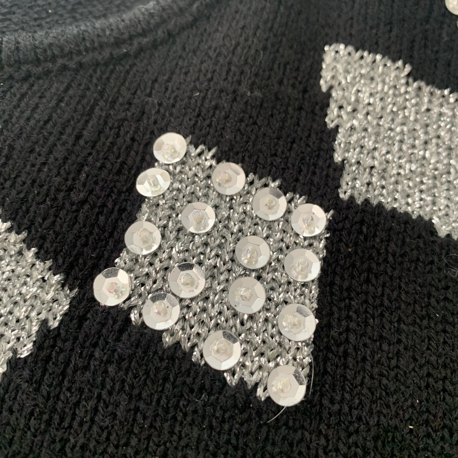 Vintage Gladys Bagley Black Sweater w Silver Triangular Sequined Neckline Size S