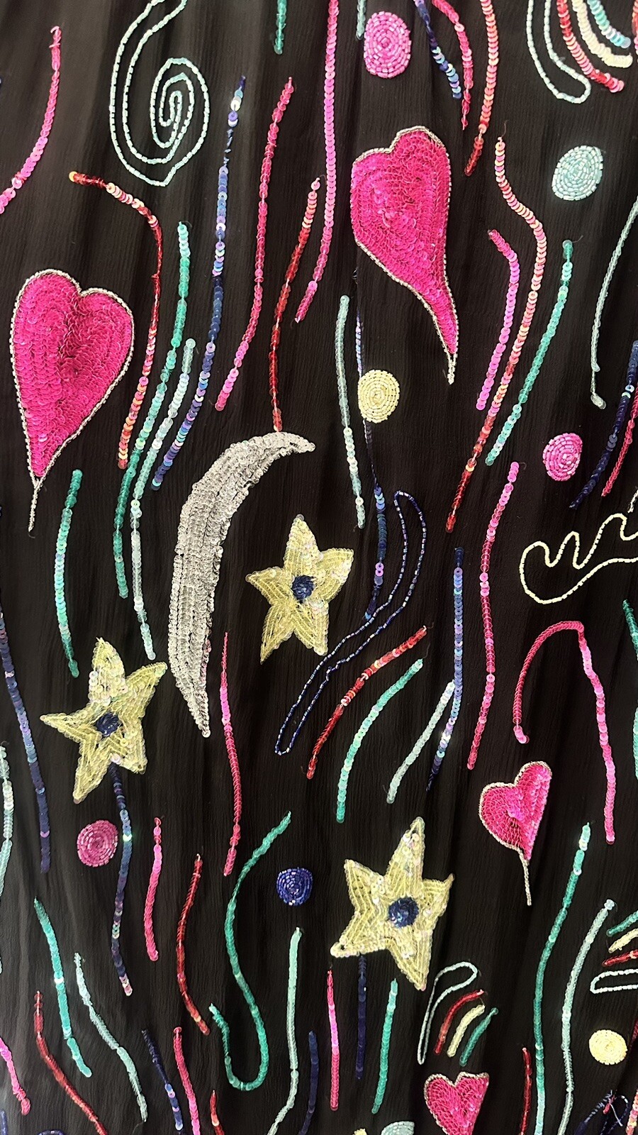 Vintage Judith Ann Pure Silk Sequins Moon Stars Hearts Dress