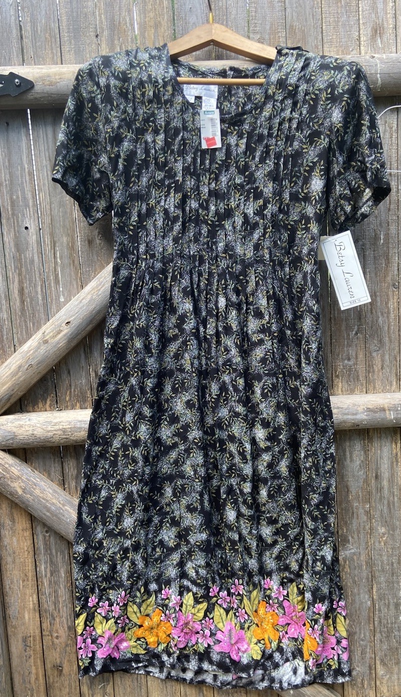 Betsy Lauren Dress 12 Vtg 90s Black & Floral Grunge Romantic Short Sleeve NWT
