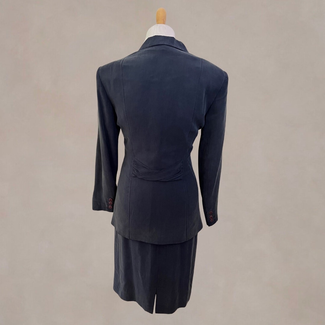 Vintage 90s Jean Claude Paris Silk Skirt Blazer Suit 6 Blue Made in France