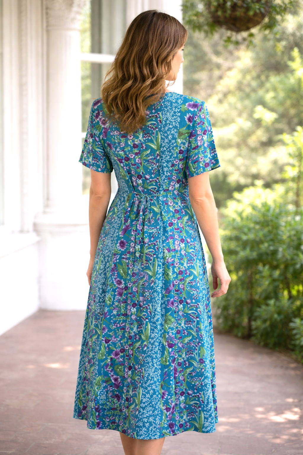 LA Cera VTG Teal Purple Floral Button Front Pockets Padded Shoulder Midi Dress L