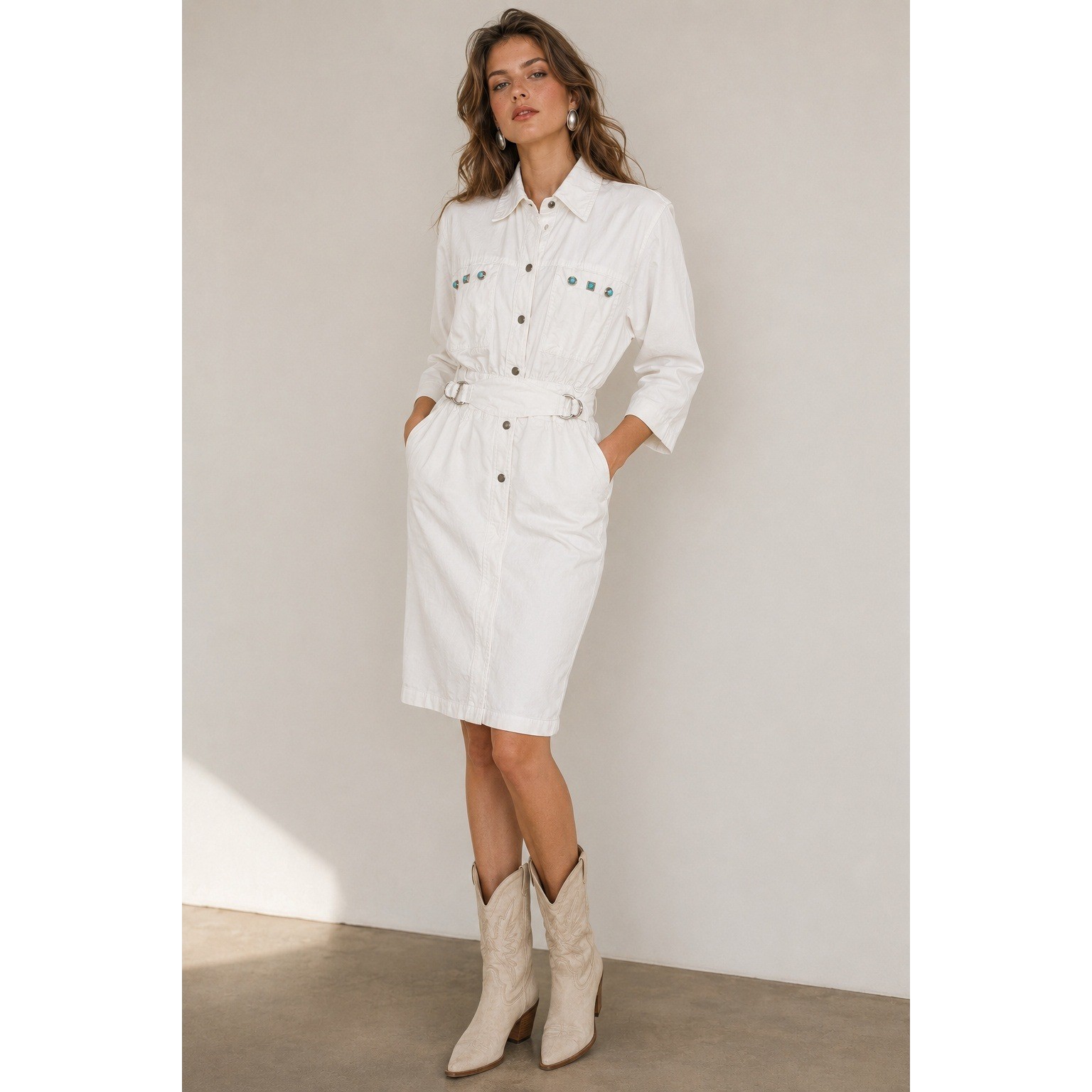 80s Western Shirt Dress Boho Coastal White Cotton Turquoise XS S
