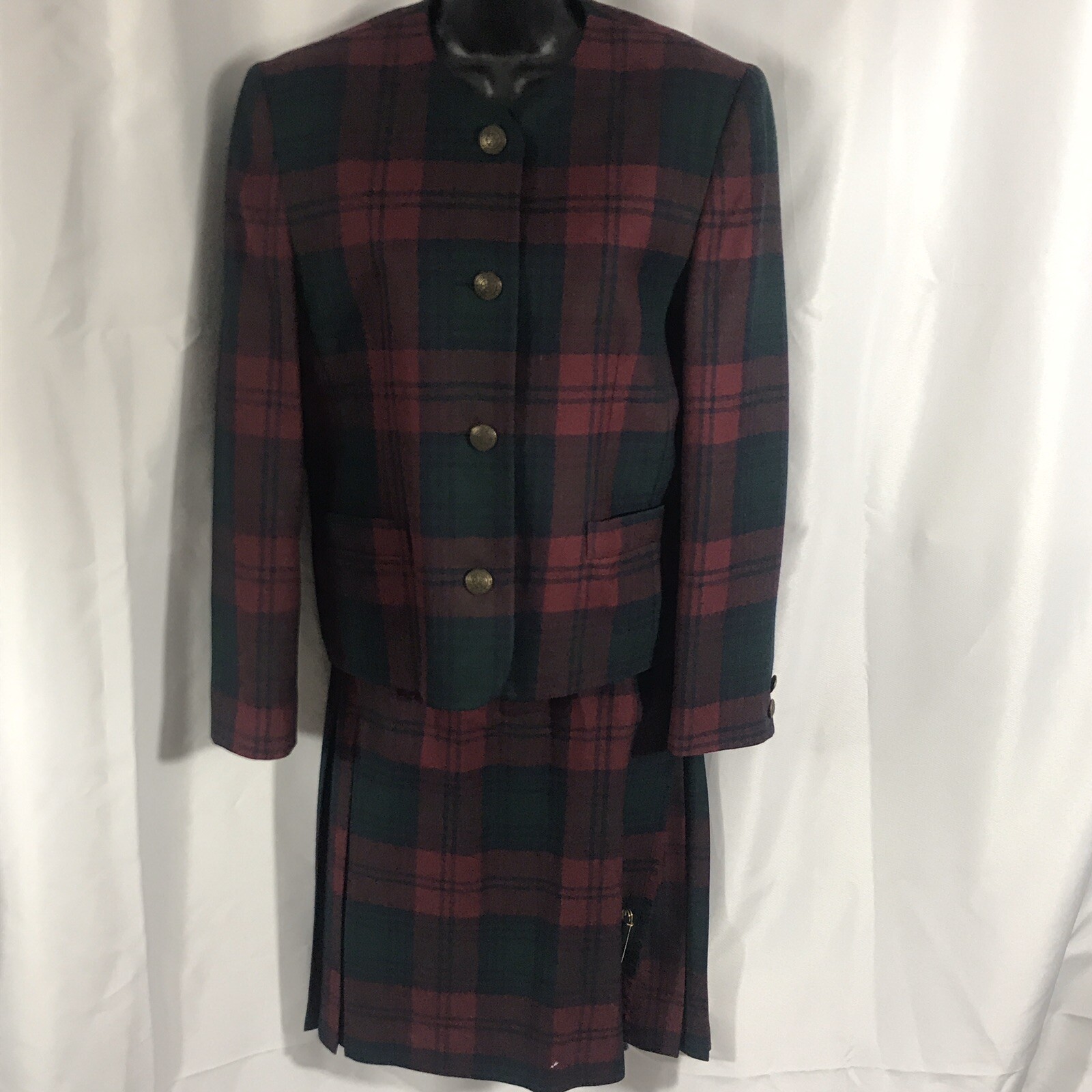 Pitlochry Scotland Kilt Style Tartan Skirt Jacket Size 12 Dark Red Green Tartan