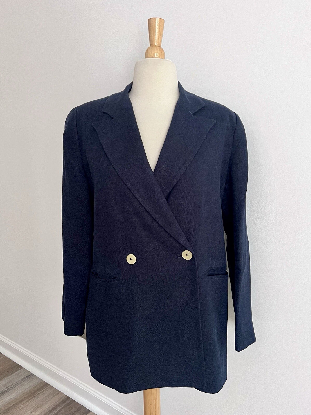 Womens Navy Blue Harvé Benard Lined Linen Blazer Jacket Size M Vintage