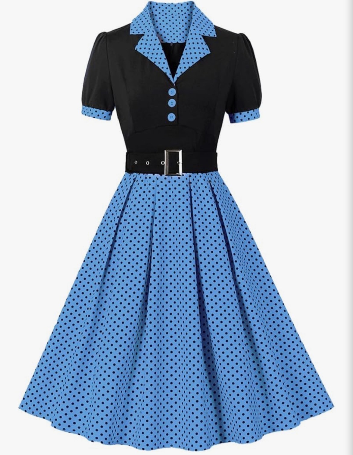 Women’s 1950s Retro Polka Dot Swing Dress Blue Black Rockabilly Pin Up Sz S