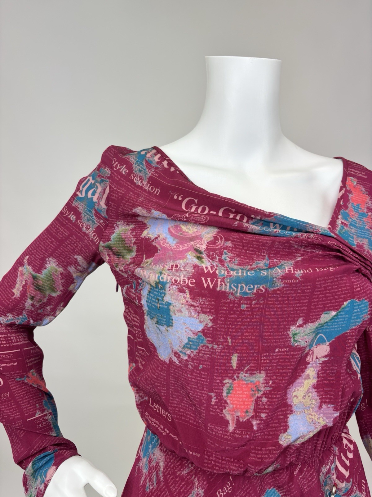 Vintage Rare Galliano Pink and Blue Newsprint Long sleeve Dress Sheer 100% Silk