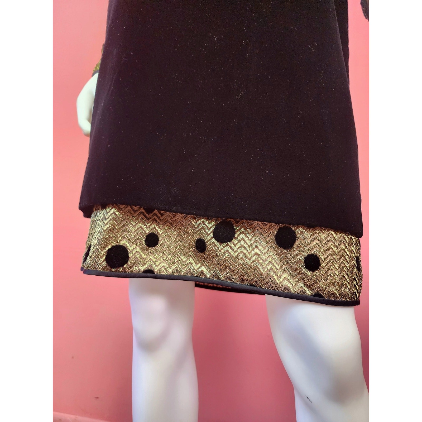 Vintage 1980’s Black Velvet Metallic Gold Polka Dot Long Sleeve Cocktail Dress