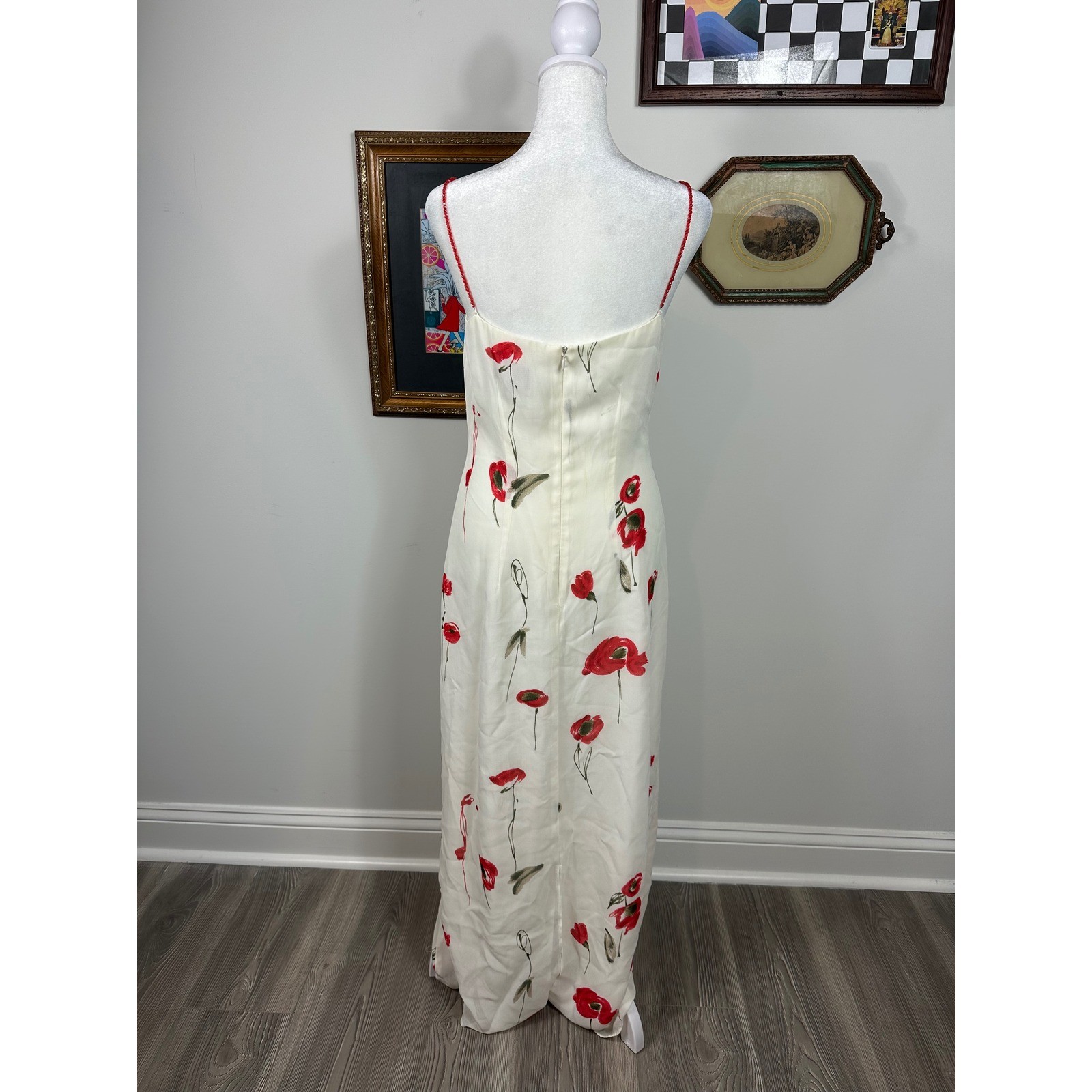 Vintage Y2K White Dress w/ Red Poppy Floral Design & Beaded Straps – SIZE 10
