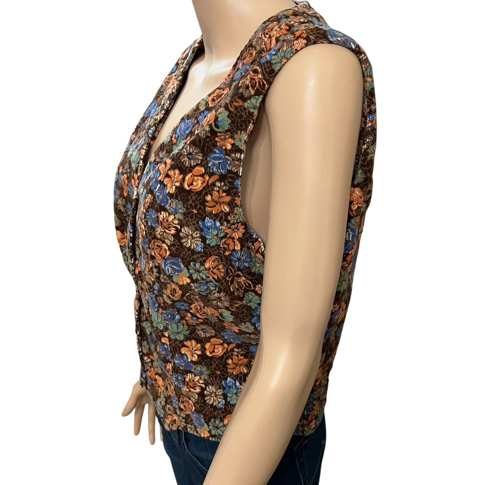 70s VTG Shellys Tall Girls Shop Womens Corduroy Cropped Vest Large Floral Retro