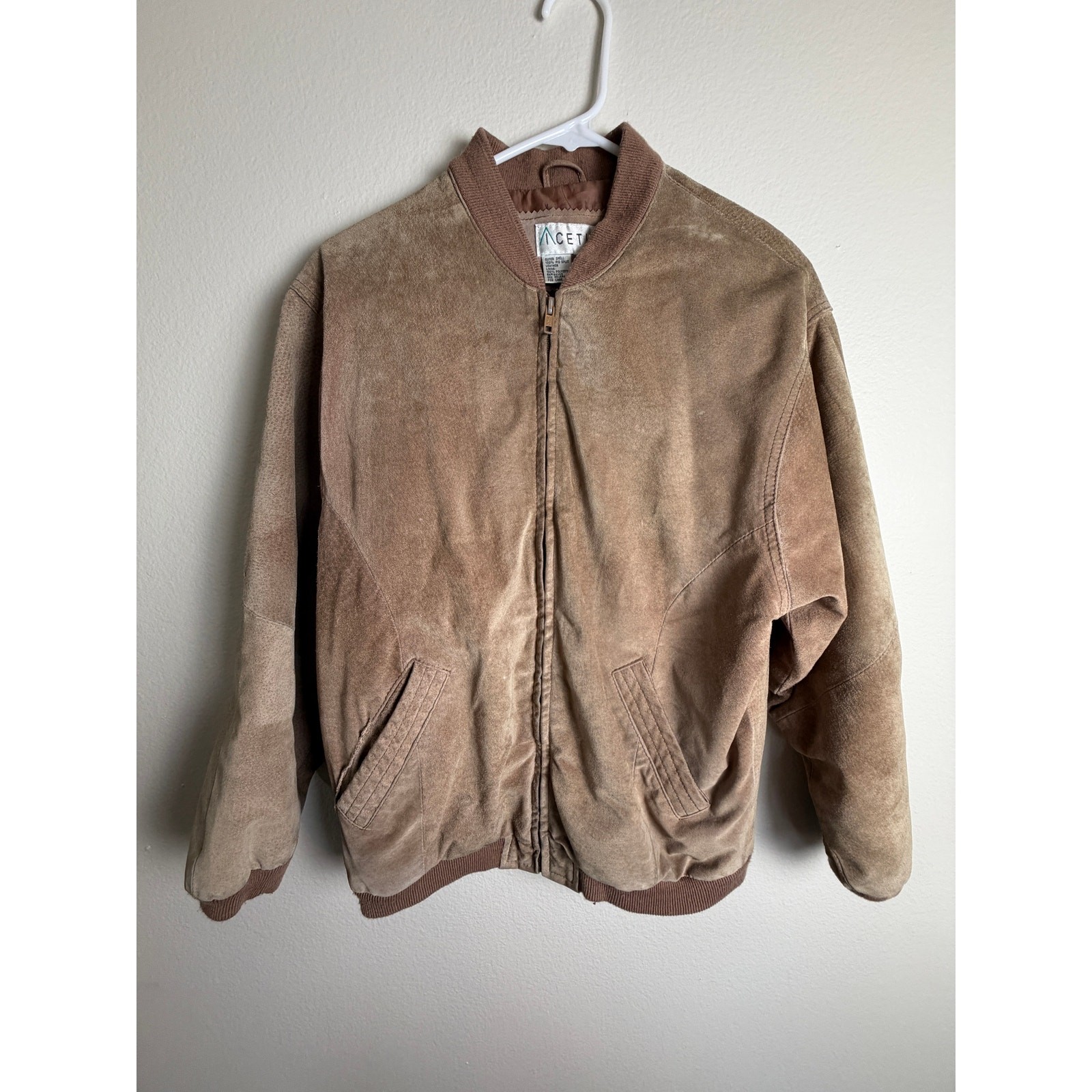 Vintage 90s Suede Leather Bomber Jacket Tan Camel Flight Coat Acetip Unisex