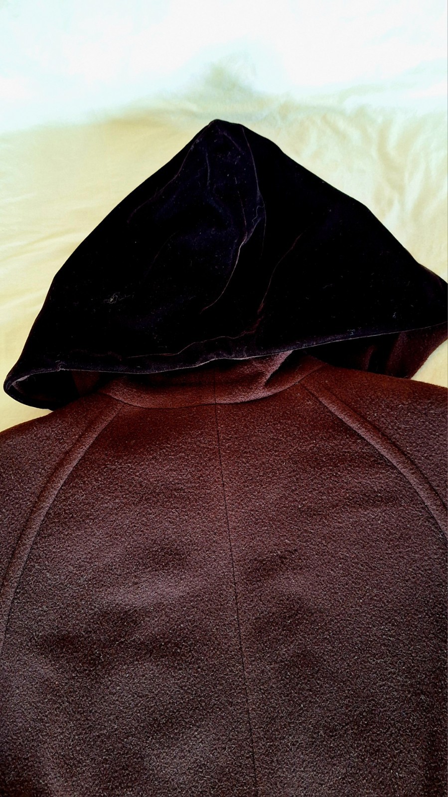 Halston Wool Hooded Coat In Chocolate Brown With Black Velvet Trim and Buttons.