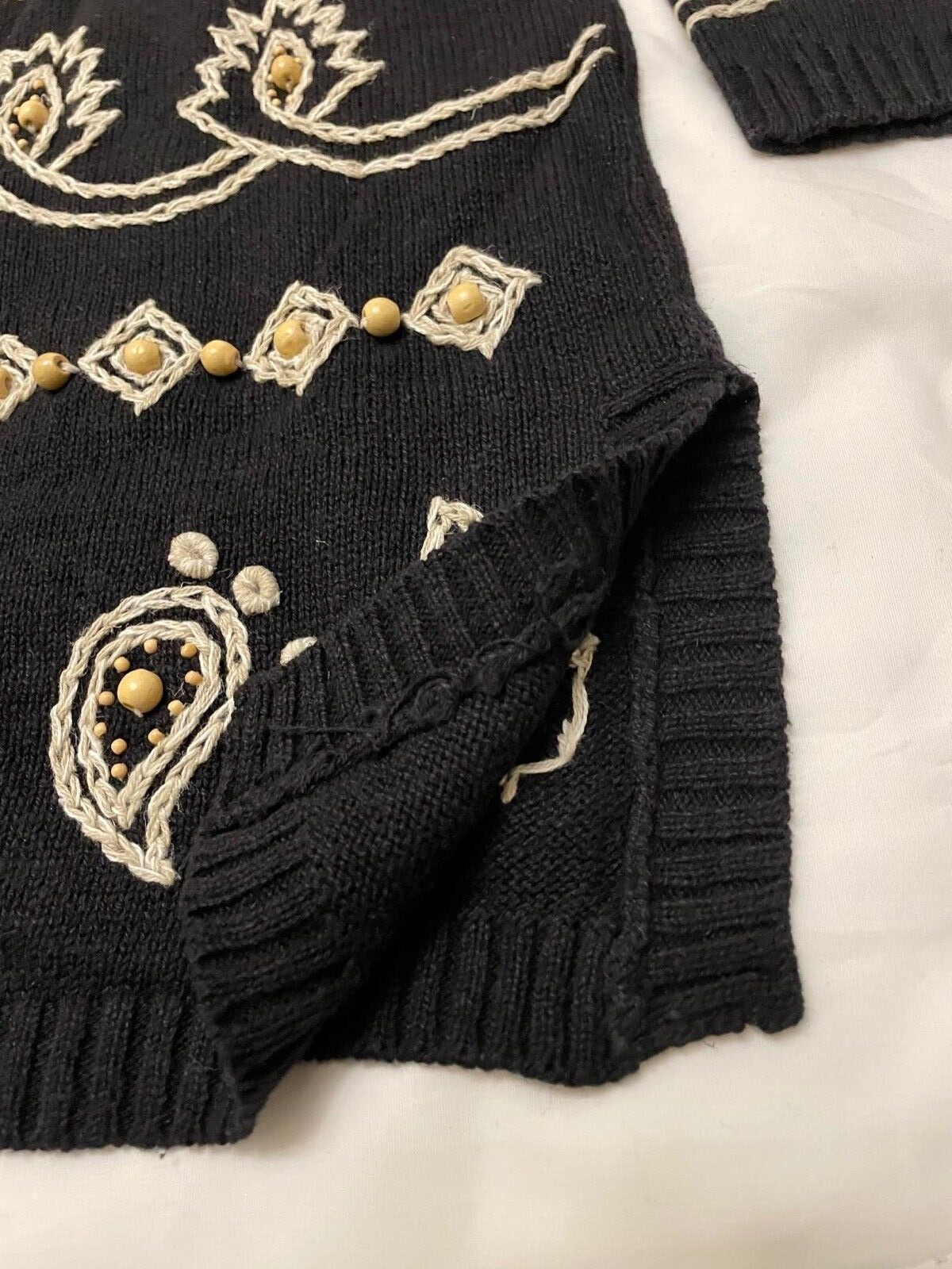 Robert Scott Ltd Hand Knit Black Crew Neck Tunic Beaded Embroidered S Vintage