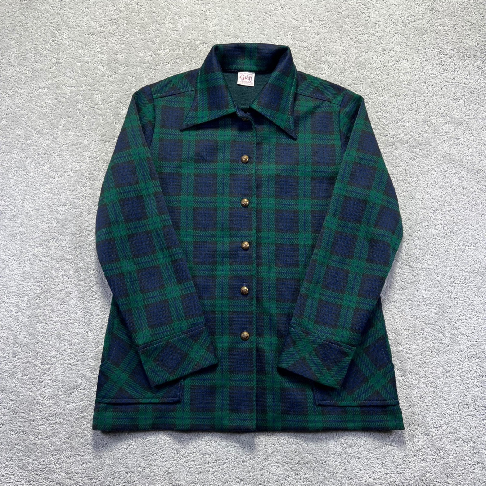 VINTAGE Graff Shirt Jacket Womens M/L? Green Blue Plaid Gold Buttons Shacket
