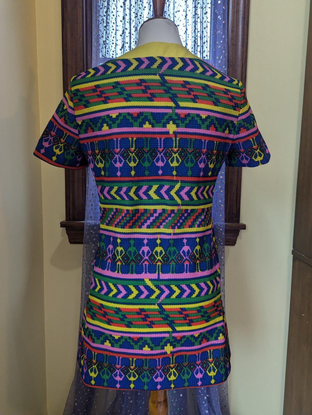 Vintage 70’s Hippie Funky Novelty Neon Rainbow Yellow Poly Tunic Top Size S/M