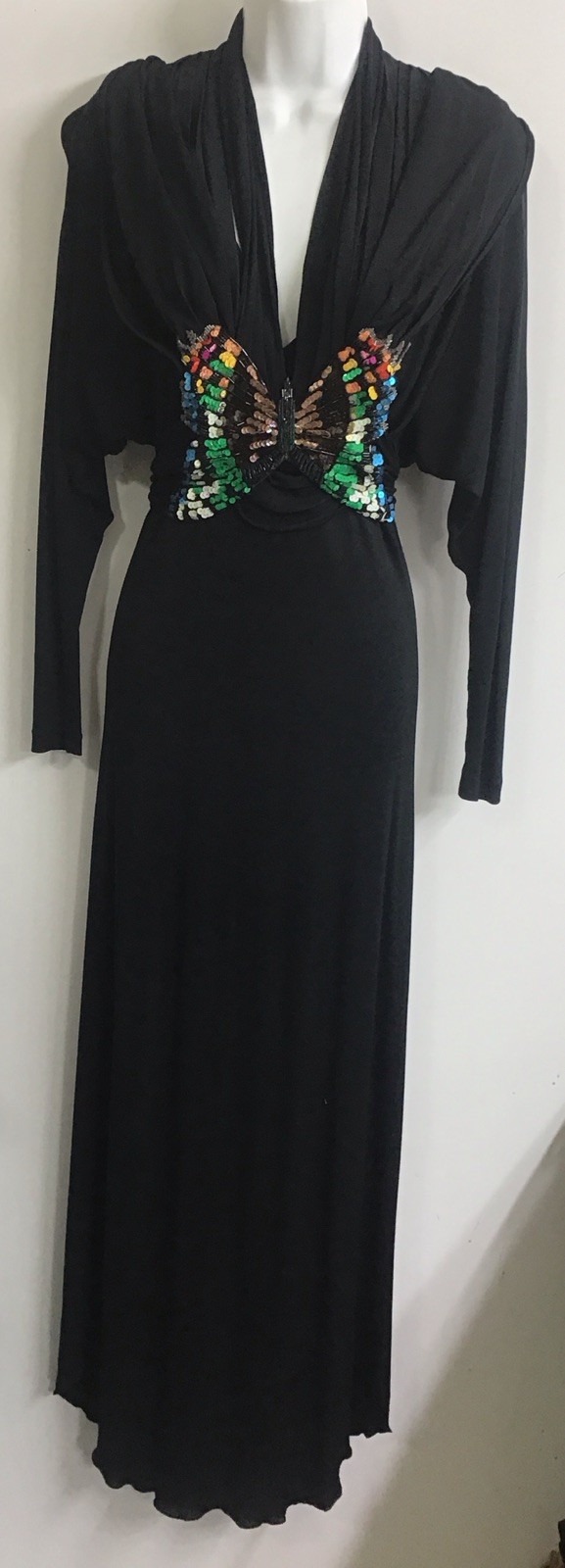 Hollys Harp Vintage Long Black Jersey Dress Drape Neck Sequin Butterfly Belt P