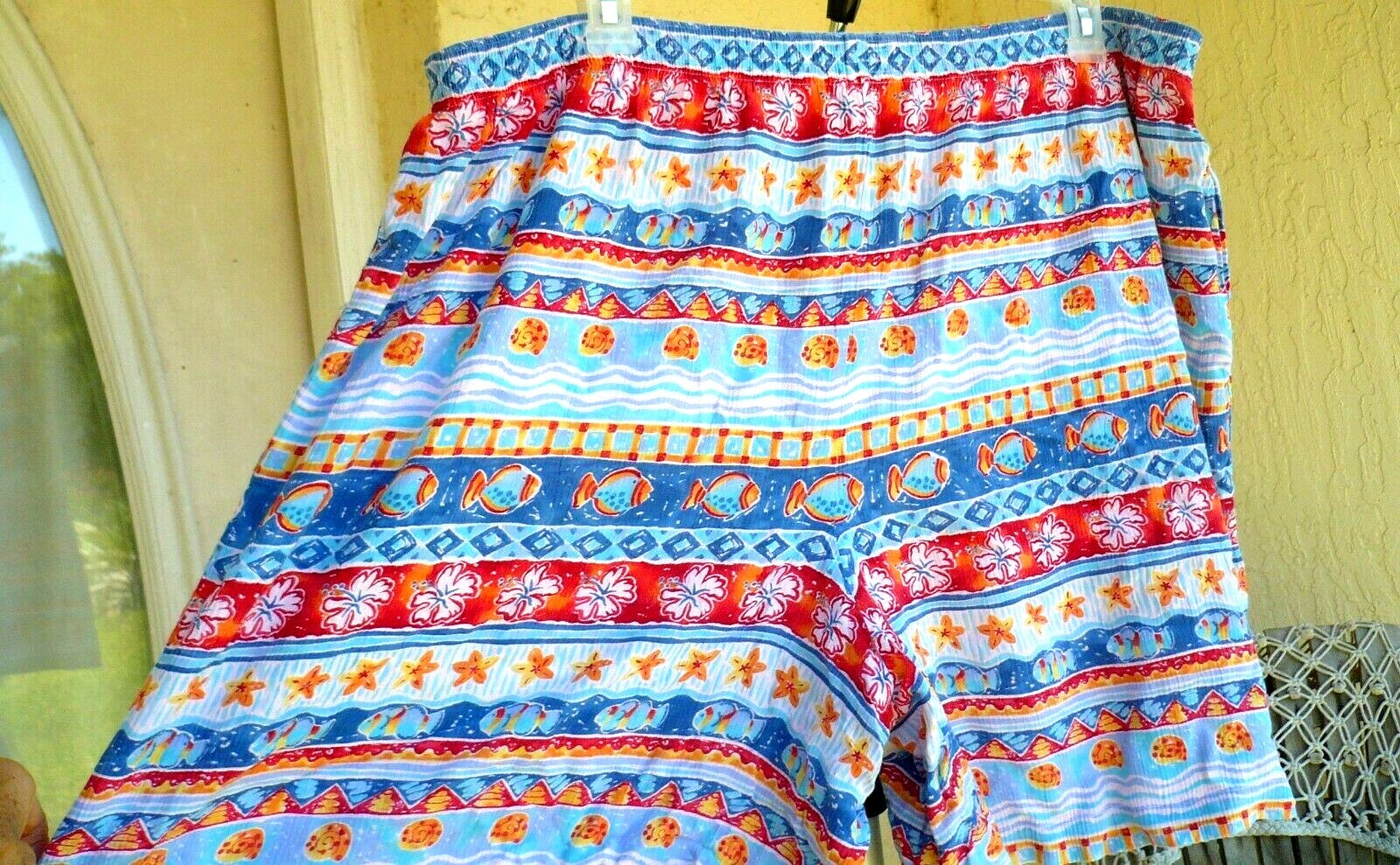 VTG 90S SZ 2X BECHAMEL COLORFUL FLORAL FISH WIDE LEG CRINKLED SHORTS PANTS WOMEN