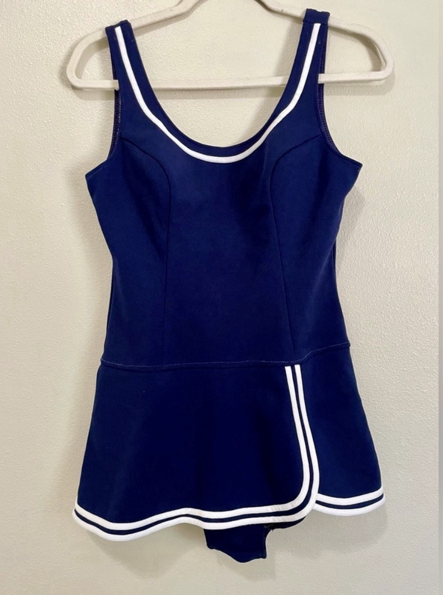 Vtg Swimsuit 60s 70s Rare Blue And White Measurements In Pictures Retro pinup