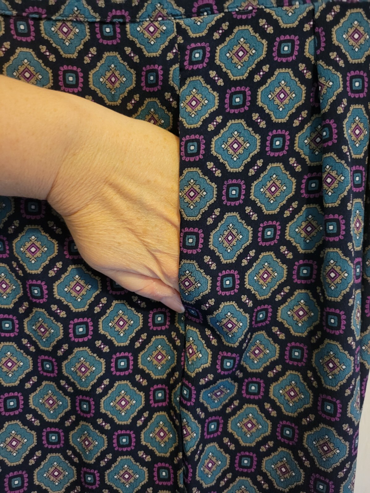 Vintage Pants Navy/Purple/Teal Geo Print By DAVID BROOKS, Light, Pockets, Sz 10