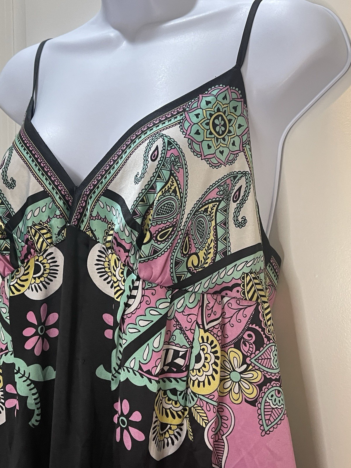 Vintage Y2K Ice Pink & Black Satin Slip Dress Paisley Spaghetti Straps Size 14
